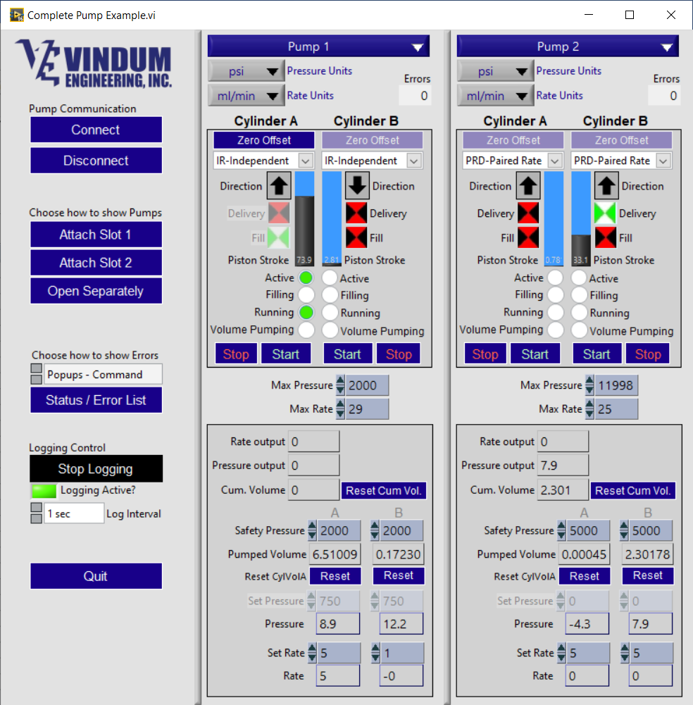 Custom LabVIEW pump driver interface with dual pump control